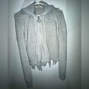 Grey distressed zip-up sweater